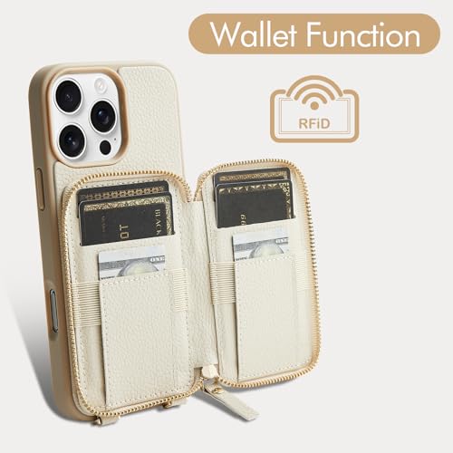 ZVE Wallet Case for iPhone 16 Pro Max, RFID Blocking Protective Leather Zipper Wallet Case with Card Holder Wrist Strap for Women for iPhone 16 Pro Max 6.9" Beige - Image 2