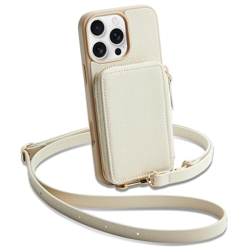 ZVE Wallet Case for iPhone 16 Pro Max, RFID Blocking Protective Leather Zipper Wallet Case with Card Holder Wrist Strap for Women for iPhone 16 Pro Max 6.9" Beige - Image 1