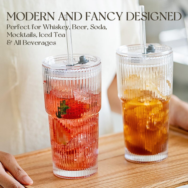 KEMORELA 4-Pack 20 oz Ribbed Glass Tumblers with Lids and Glass Straws â€“ Vintage Iced Coffee Cups, Reusable Smoothie & Cocktail Drinking Glasses, Clear Glassware for Home or Cafe - Image 4