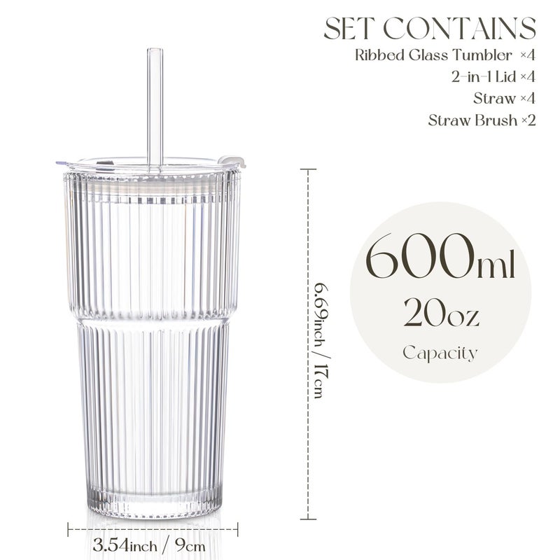 KEMORELA 4-Pack 20 oz Ribbed Glass Tumblers with Lids and Glass Straws â€“ Vintage Iced Coffee Cups, Reusable Smoothie & Cocktail Drinking Glasses, Clear Glassware for Home or Cafe - Image 5