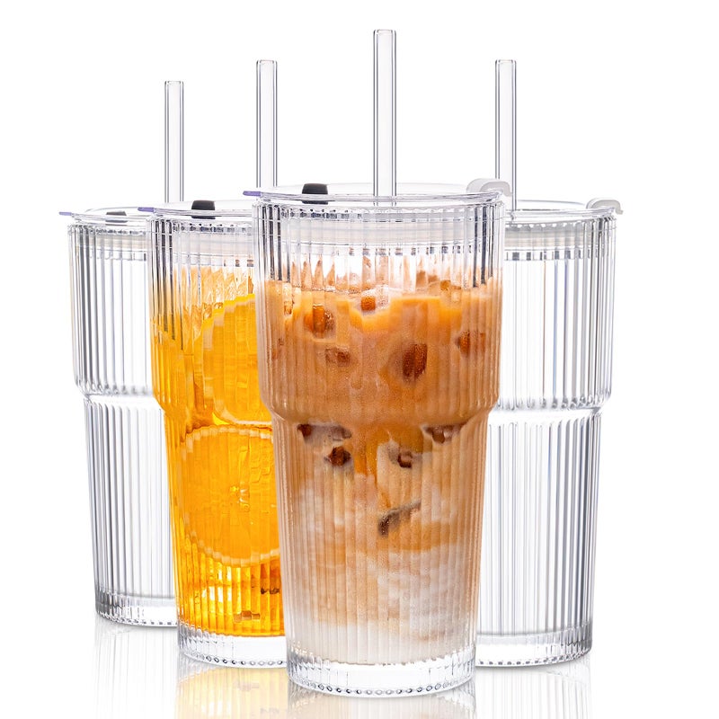 KEMORELA 4-Pack 20 oz Ribbed Glass Tumblers with Lids and Glass Straws â€“ Vintage Iced Coffee Cups, Reusable Smoothie & Cocktail Drinking Glasses, Clear Glassware for Home or Cafe - Image 1