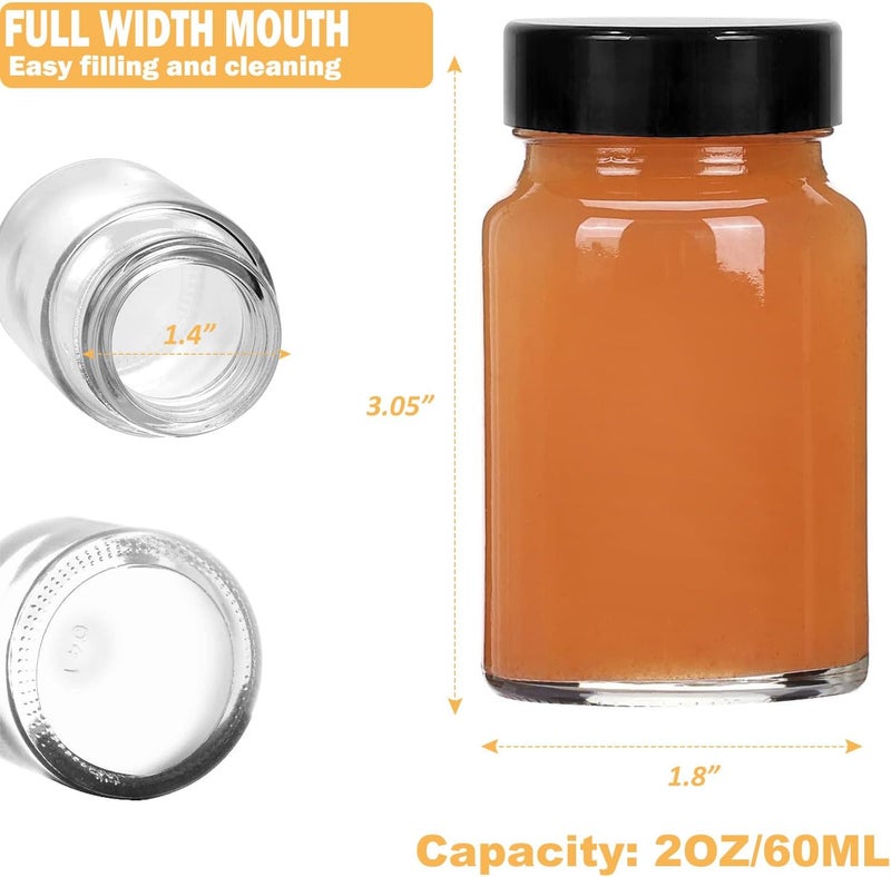 LANBEAUTIFY 2 oz Small Clear Glass Bottles with Lids - 6Pcs Wide Mouth Shot Bottles with Caps for Ginger Shots, Juice, Potion, Liquids, Whiskey - Mini Travel Bottles with Funnels, Stickers - Image 3