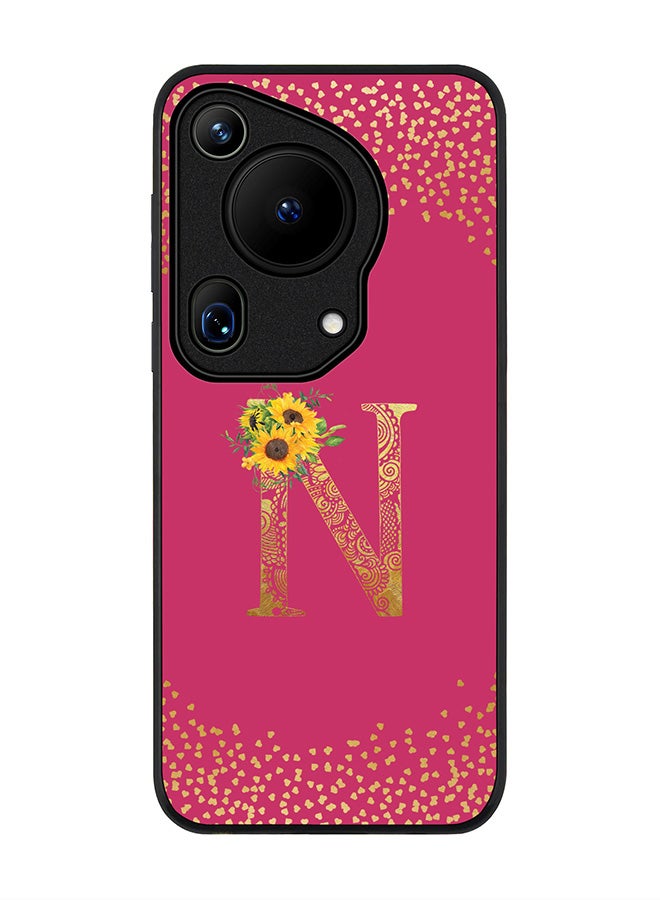 Stylizedd Rugged Black edge case for Huawei Pura 70 Ultra, Slim fit Case Cover - Custom Monogram Initial Letter Floral Pattern Alphabet - N ( Deep Pink Rose ) - Image 1