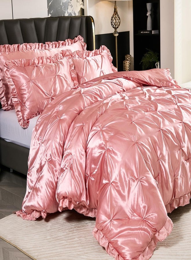 Bedbay Pink Satin Comforter Set Queen Pinch Pleat Bedding Set Silk Like Satin Ruffled Duvet Set 4 Pcs with Ruffle Satin Body Pillow Cover Aesthetic Room Decor Luxury Bedding for All Season - Image 2