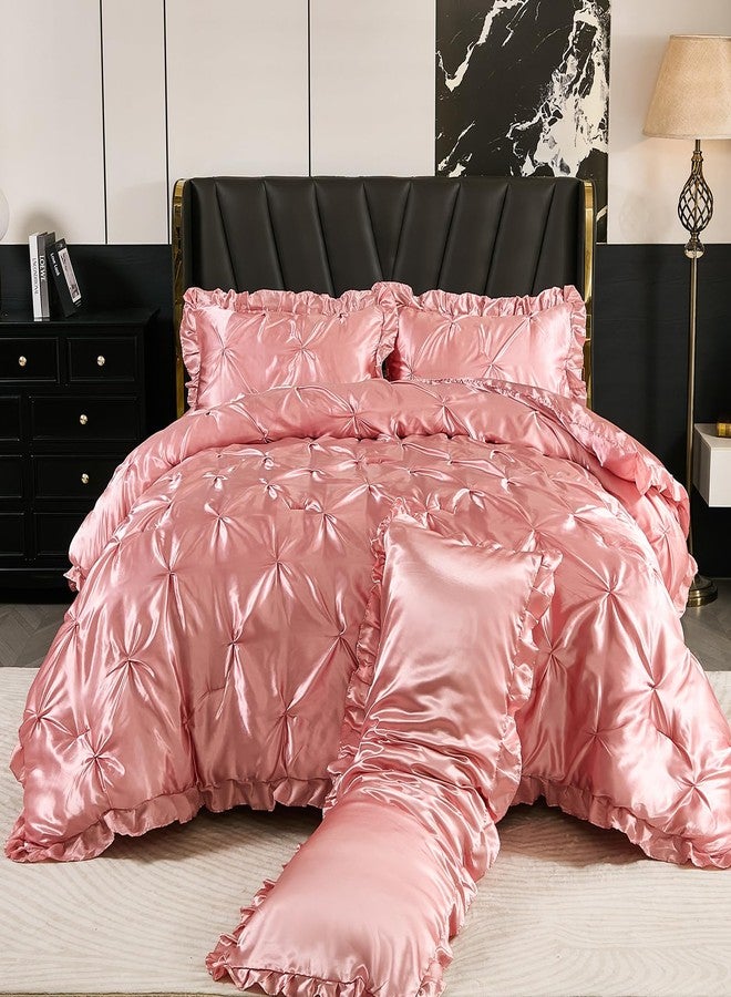 Bedbay Pink Satin Comforter Set Queen Pinch Pleat Bedding Set Silk Like Satin Ruffled Duvet Set 4 Pcs with Ruffle Satin Body Pillow Cover Aesthetic Room Decor Luxury Bedding for All Season - Image 1