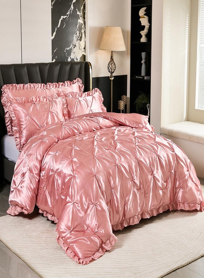 Bedbay Pink Satin Comforter Set Queen Pinch Pleat Bedding Set Silk Like Satin Ruffled Duvet Set 4 Pcs with Ruffle Satin Body Pillow Cover Aesthetic Room Decor Luxury Bedding for All Season - Image 3