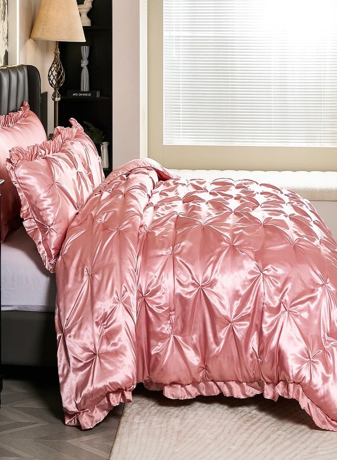 Bedbay Pink Satin Comforter Set Queen Pinch Pleat Bedding Set Silk Like Satin Ruffled Duvet Set 4 Pcs with Ruffle Satin Body Pillow Cover Aesthetic Room Decor Luxury Bedding for All Season - Image 5