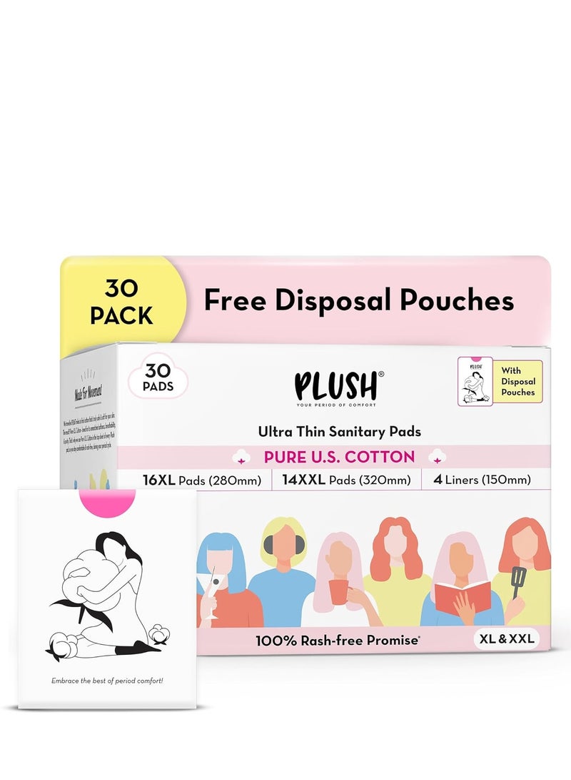 Plush Ultra Thin Sanitary Napkins for Women 30 Pcs  16 XL Pads Light Medium Flow 14 XXL Pads Heavy Flow 4Panty Liners  100% Rash Free Pure U.S. Cotton XXL Sanitary Pads - Image 1