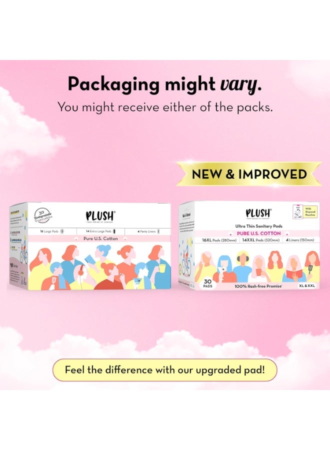 Plush Ultra Thin Sanitary Napkins for Women 30 Pcs  16 XL Pads Light Medium Flow 14 XXL Pads Heavy Flow 4Panty Liners  100% Rash Free Pure U.S. Cotton XXL Sanitary Pads - Image 2