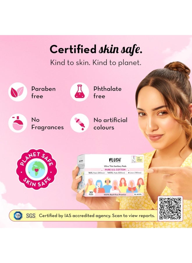 Plush Ultra Thin Sanitary Napkins for Women 30 Pcs  16 XL Pads Light Medium Flow 14 XXL Pads Heavy Flow 4Panty Liners  100% Rash Free Pure U.S. Cotton XXL Sanitary Pads - Image 3