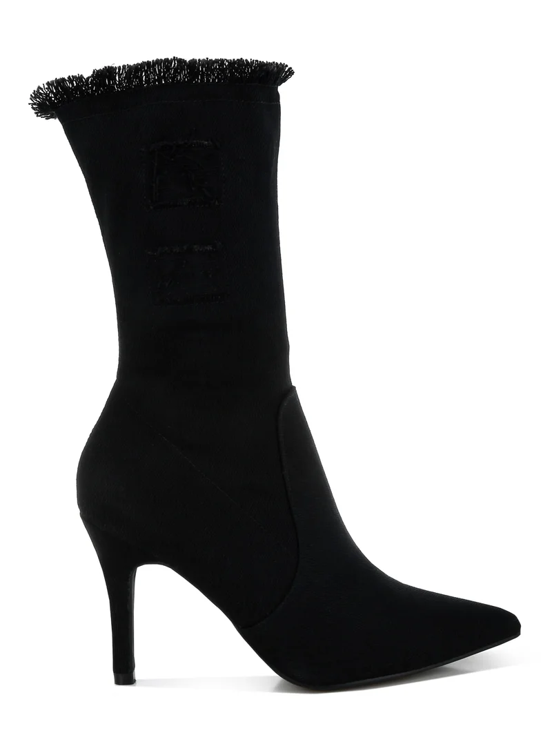 London Rag Women's Distressed Black Denim Mid-Calf Boots