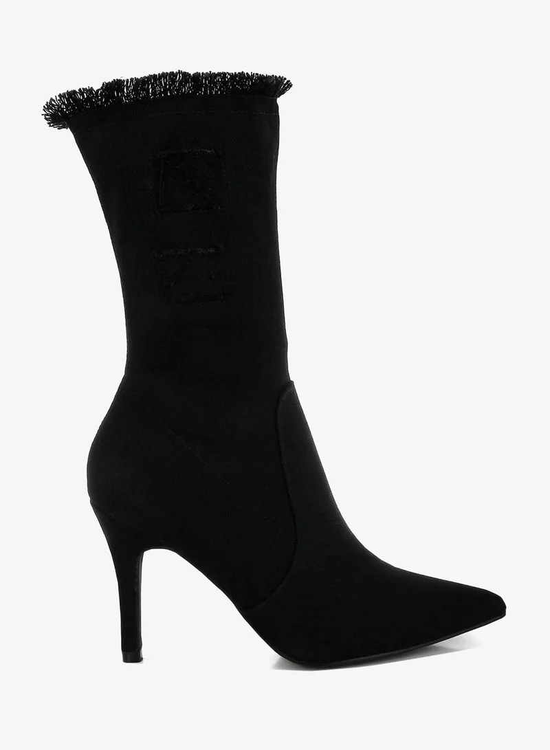 London Rag Women's Distressed Black Denim Mid-Calf Boots