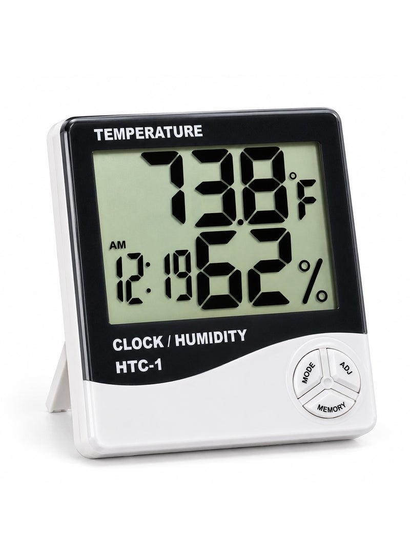 HTC-1 Digital LCD Temperature & Humidity Meter Thermo-Hygrometer with Clock, Daily Alarm & Max/Min Memory - White & Black - Image 1