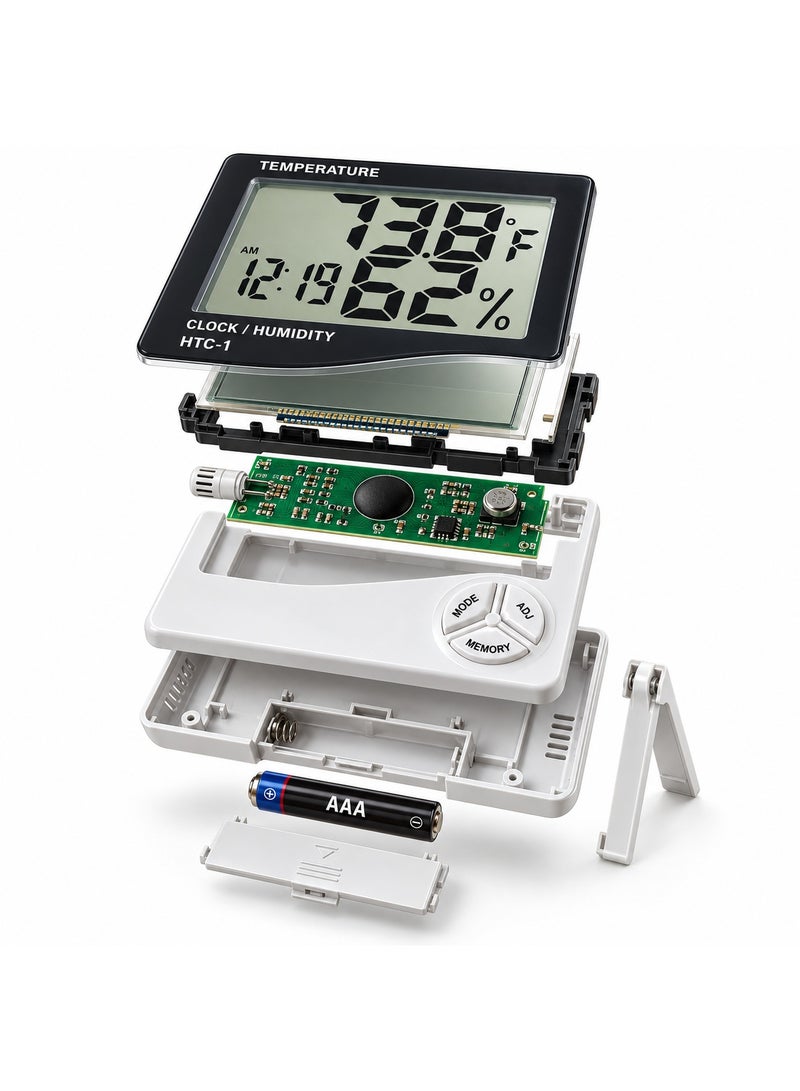 HTC-1 Digital LCD Temperature & Humidity Meter Thermo-Hygrometer with Clock, Daily Alarm & Max/Min Memory - White & Black - Image 4