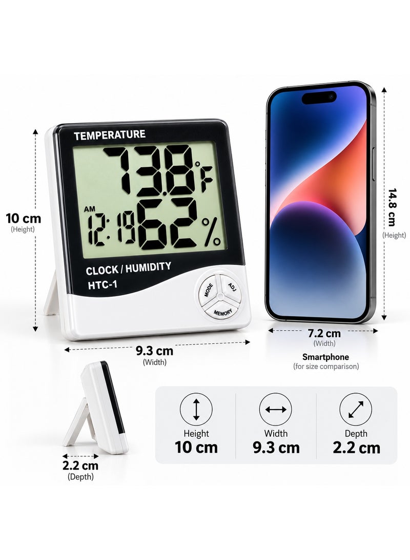 HTC-1 Digital LCD Temperature & Humidity Meter Thermo-Hygrometer with Clock, Daily Alarm & Max/Min Memory - White & Black - Image 5