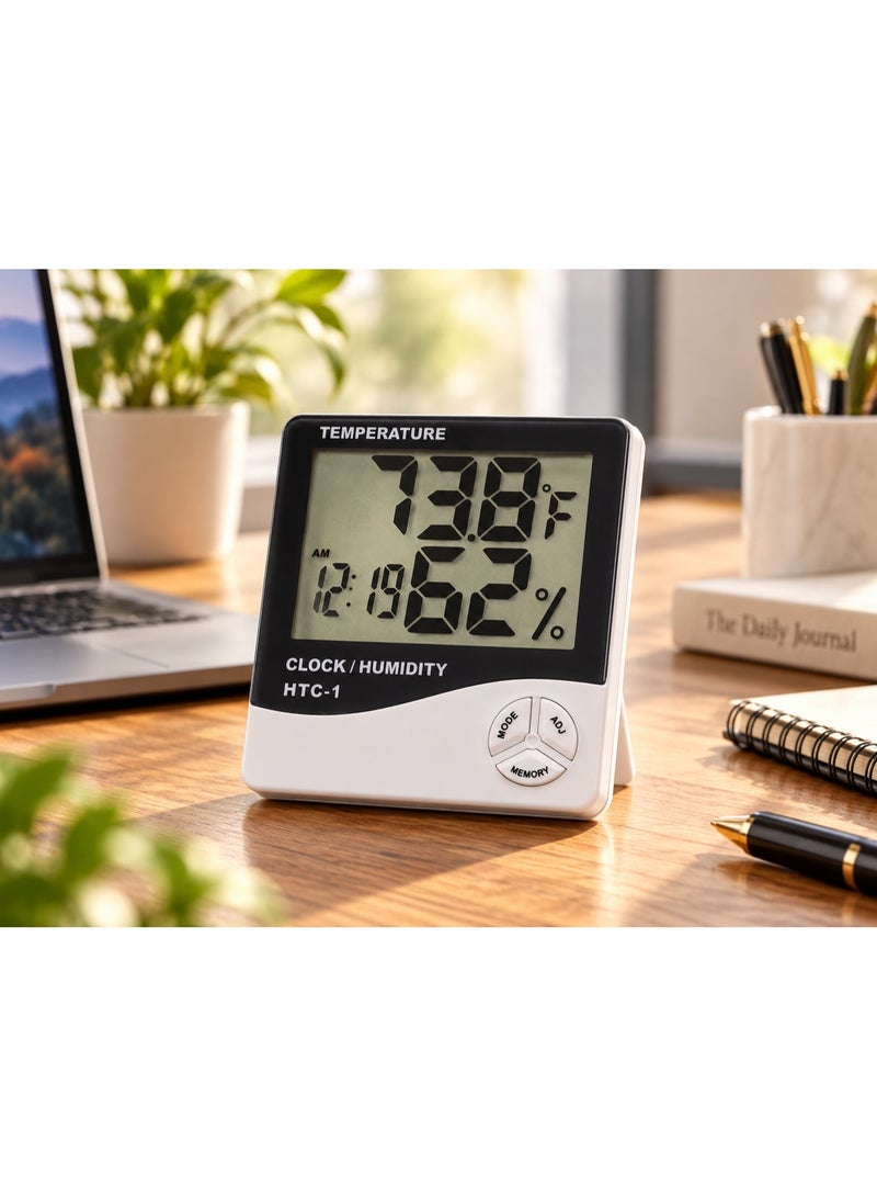 HTC-1 Digital LCD Temperature & Humidity Meter Thermo-Hygrometer with Clock, Daily Alarm & Max/Min Memory - White & Black - Image 3