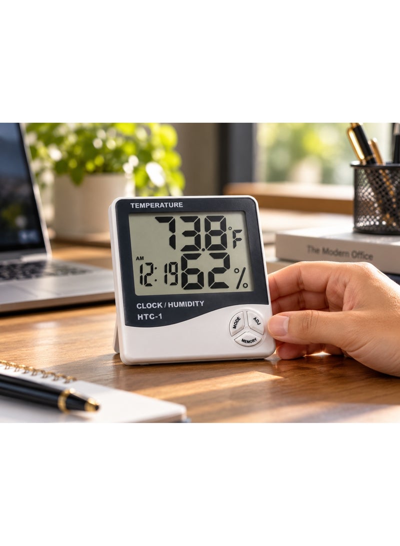 HTC-1 Digital LCD Temperature & Humidity Meter Thermo-Hygrometer with Clock, Daily Alarm & Max/Min Memory - White & Black - Image 2