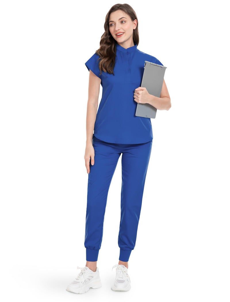 niaahinn Scrubs Set for Women Nurse Uniform Jogger Suit Stretch Top & Pants with Multi Pocket for Nurse Esthetician Workwear (Royal Blue, Medium) - Image 2