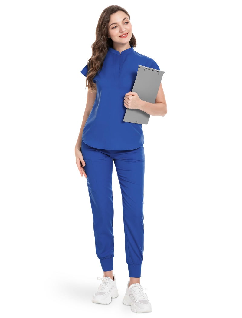 niaahinn Scrubs Set for Women Nurse Uniform Jogger Suit Stretch Top & Pants with Multi Pocket for Nurse Esthetician Workwear (Royal Blue, Medium) - Image 3