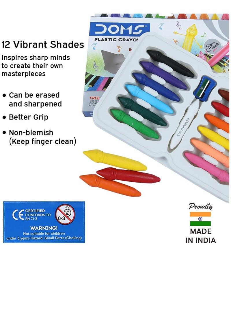 DOMS 12 قطعة من أقلام الشمع البلاستيكية مع مبراة وممحاة - Image 3