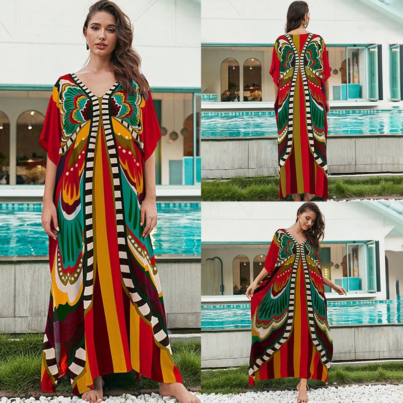 Generic Cross-border European and American rayon tie-dyed beach jumpsuit long dress loose robe bikini swimsuit outer blouse sun protection shirt ZS2277-3 Red