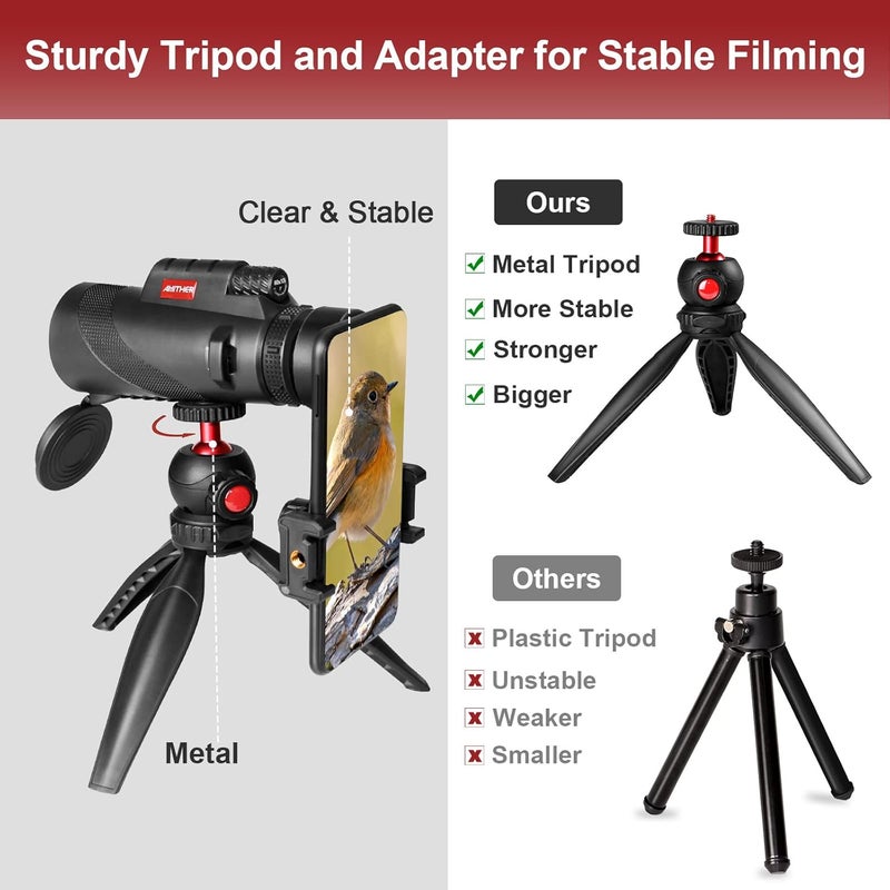 AMITHER 80x100 Monocular Telescope for Smartphones - High Powered HD Monocular with Tripod & Adapter, Low Light Vision for Adults - for Wildlife, Bird Watching, Hunting, Hiking - Image 5