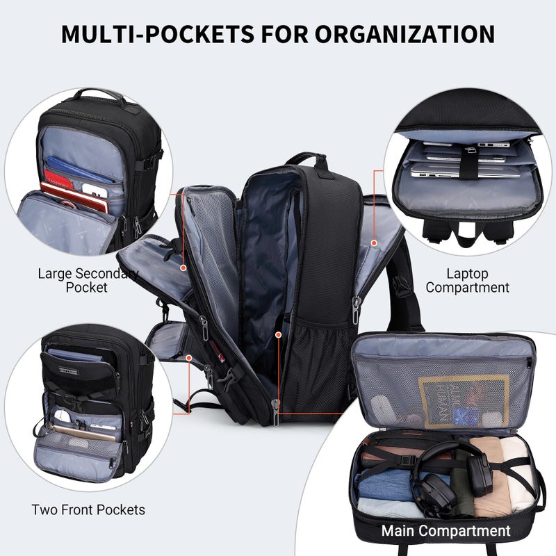 WITZMAN Carry On Travel Backpack for Men Large Convertible 45L Fit 17 Inch Laptop Backpack 3 in 1 Bag for Airline Approved(B688 Black) - Image 4