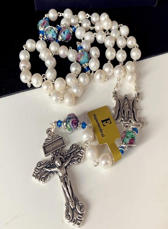 elegantmedical HANDMADE Catholic AAA 8-9mm Real Pearl & Veluriyam beads Rosary Cross Necklace Box (Blue) - Image 5