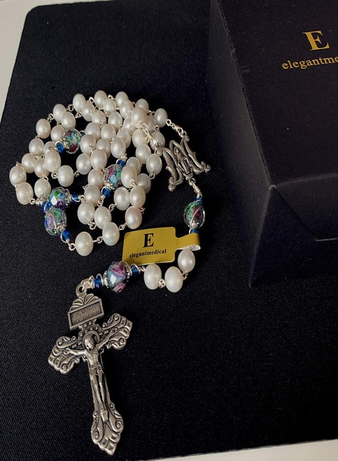 elegantmedical HANDMADE Catholic AAA 8-9mm Real Pearl & Veluriyam beads Rosary Cross Necklace Box (Blue) - Image 2