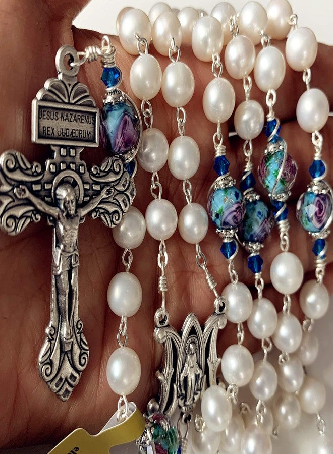 elegantmedical HANDMADE Catholic AAA 8-9mm Real Pearl & Veluriyam beads Rosary Cross Necklace Box (Blue) - Image 3