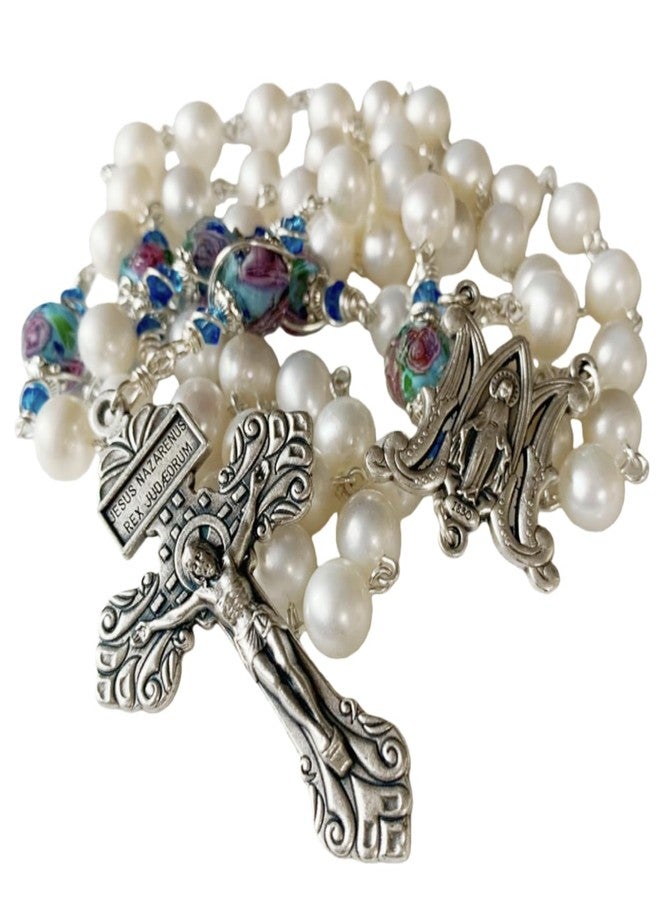 elegantmedical HANDMADE Catholic AAA 8-9mm Real Pearl & Veluriyam beads Rosary Cross Necklace Box (Blue) - Image 1