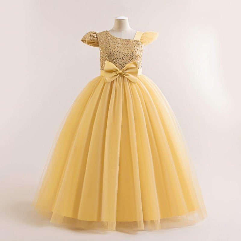 New Youth Evening Dress With Slanted Shoulders, Small Flying Sleeves, Long Skirt, Sequined Bow, Waisted And Puffy Princess Skirt - Image 3