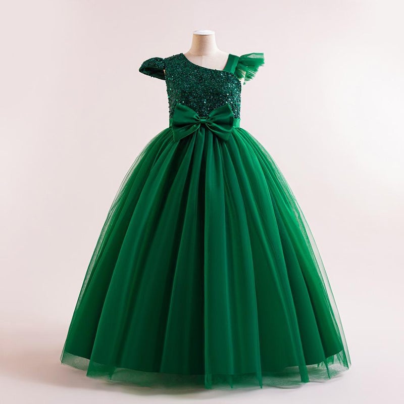 New Youth Evening Dress With Slanted Shoulders, Small Flying Sleeves, Long Skirt, Sequined Bow, Waisted And Puffy Princess Skirt - Image 5