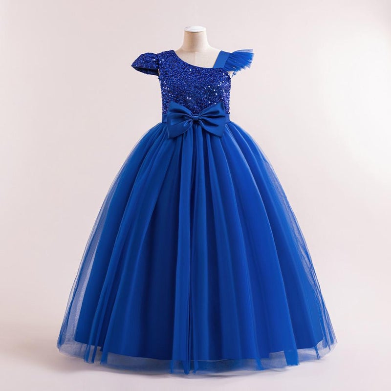 New Youth Evening Dress With Slanted Shoulders, Small Flying Sleeves, Long Skirt, Sequined Bow, Waisted And Puffy Princess Skirt - Image 4
