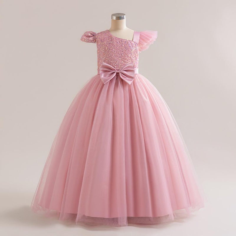 New Youth Evening Dress With Slanted Shoulders, Small Flying Sleeves, Long Skirt, Sequined Bow, Waisted And Puffy Princess Skirt - Image 2
