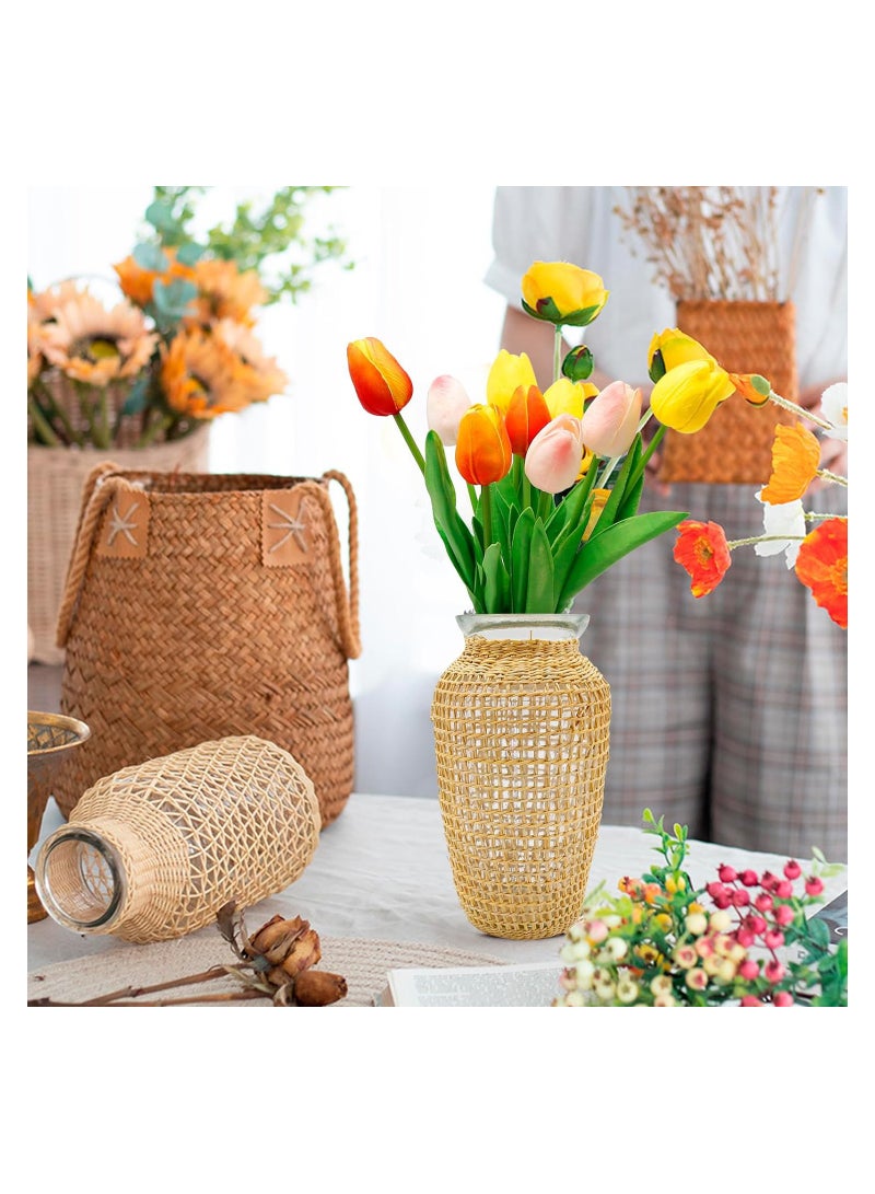 Excefore Straw Woven Glass Vase 7.9''x2.36''x3.5''Boho Glass Flower Vase Country Rustic Style Vase Glass Vase for Floral Arrangements Bottle - Image 2