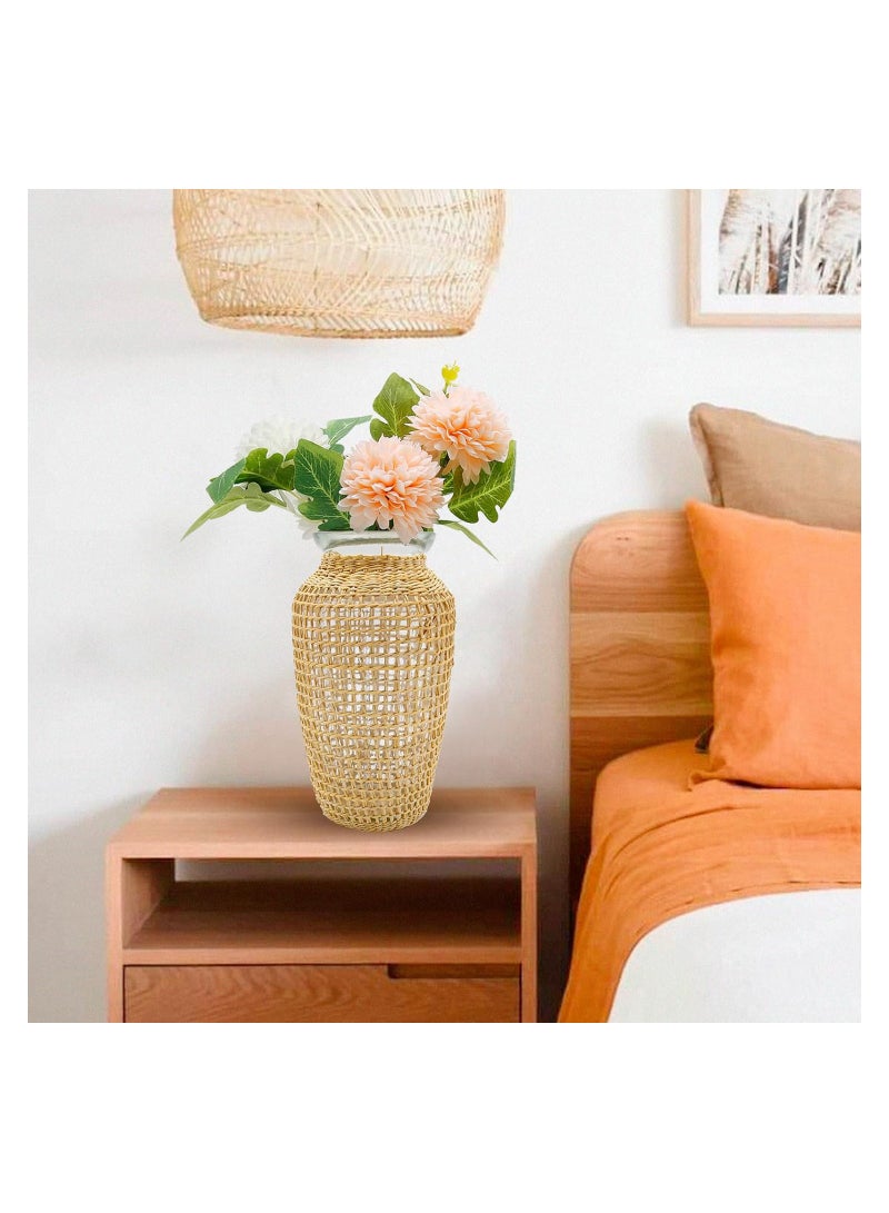 Excefore Straw Woven Glass Vase 7.9''x2.36''x3.5''Boho Glass Flower Vase Country Rustic Style Vase Glass Vase for Floral Arrangements Bottle - Image 3