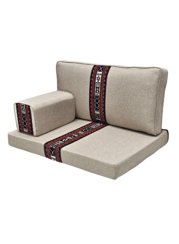 سمارت هوم جلسة أرضية تراثية عربية لشخصين 3 قطع  بمقاس (طول 70 سم × عرض 100 سم × ارتفاع 60 سم) – مفروشات مجالس عربية مريحة مع مسند وظهر مزخرف – جلسة أرضية للمنزل، الضيوف، المخيمات والرحلات - Image 4