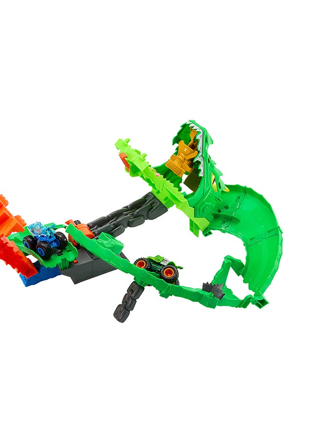Hot Wheels Monster Trucks, Sharks Vs. Dinos Dragon Destruction Playset With 1:64 Scale Great Bite & Rageasaur, Race To Defeat The Cyborg Nemesis - Image 5