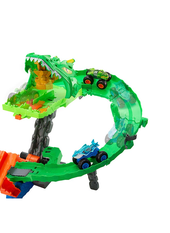 Hot Wheels Monster Trucks, Sharks Vs. Dinos Dragon Destruction Playset With 1:64 Scale Great Bite & Rageasaur, Race To Defeat The Cyborg Nemesis - Image 3