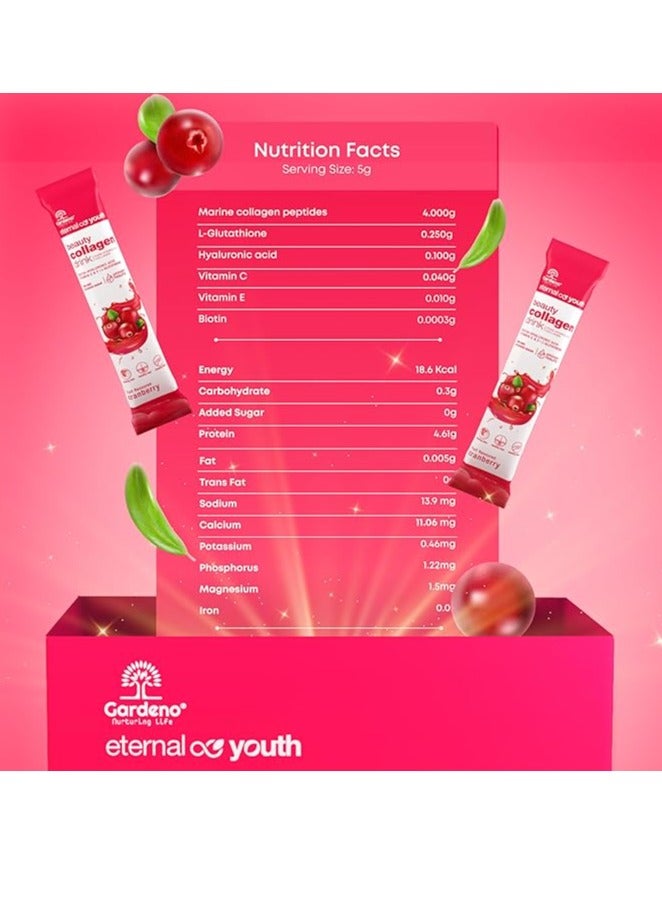 Gardeno Pure Hydrolyzed Marince Beauty Collagen Drink Mix Natural Cranberry for Healthy Skin Hair and Nails with Biotin Hyaluronic Acid Vitamin E and C plus Glutathione 20s 5mg per sachets  - Image 2