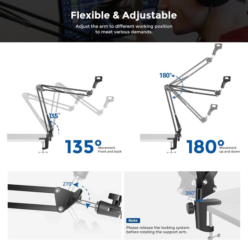 Neewer Microphone Arm Stand - Adjustable Suspension Boom Scissor Mic Arm with 3/8” to 5/8” Screw and Cable Ties - Image 5