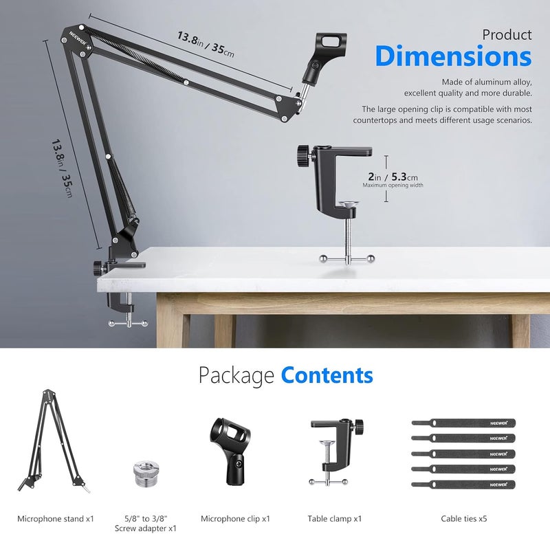 Neewer Microphone Arm Stand - Adjustable Suspension Boom Scissor Mic Arm with 3/8” to 5/8” Screw and Cable Ties - Image 3