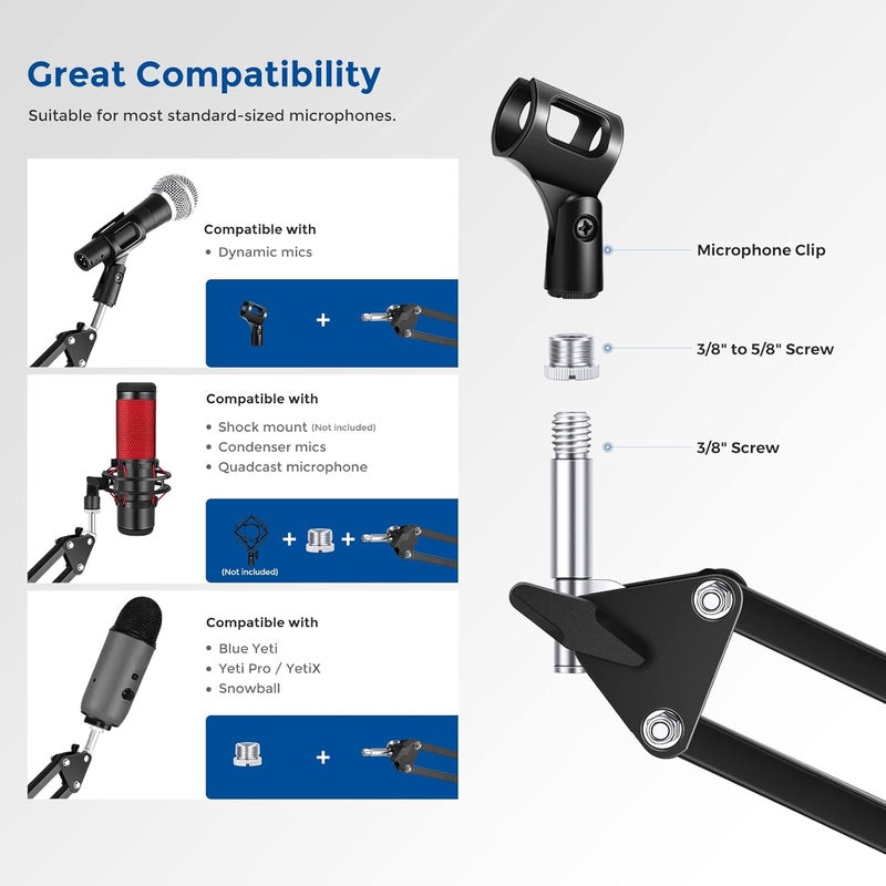 Neewer Microphone Arm Stand - Adjustable Suspension Boom Scissor Mic Arm with 3/8” to 5/8” Screw and Cable Ties - Image 2