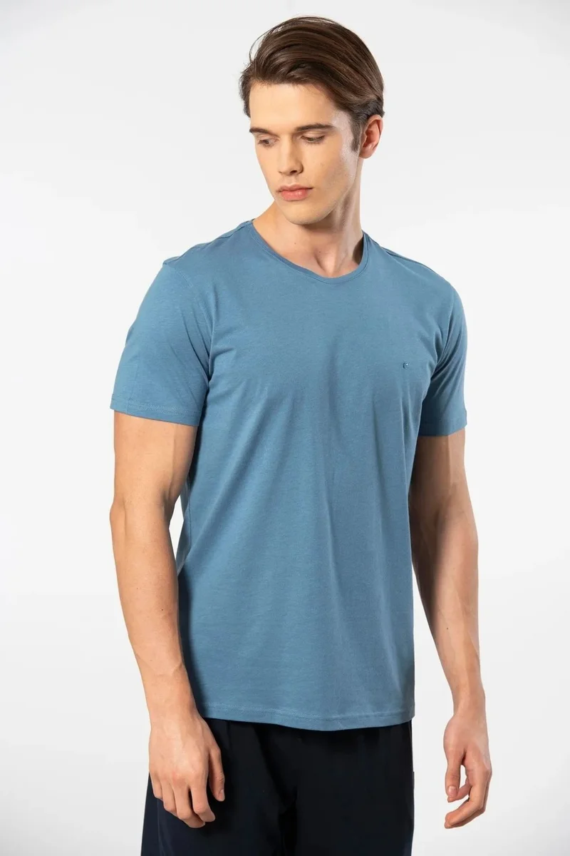 cacharel 2169 Men's Modal Cotton Crew Neck Short Sleeve T-Shirt-Indigo