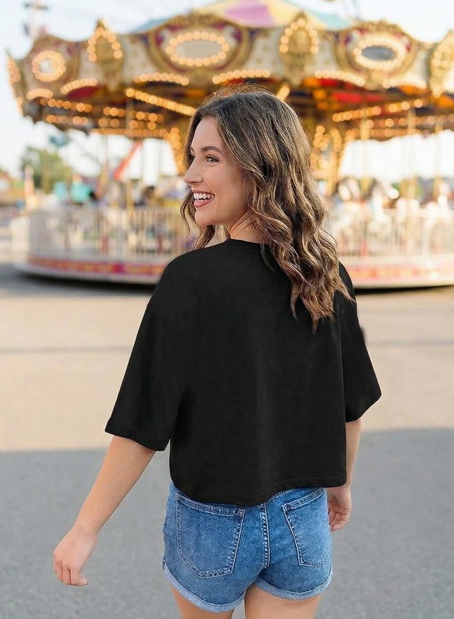 Frizty Women's Casual Crop Tops - Short Sleeve Crew Neck Graphic Printed T-Shirts, Black01, M - Image 5