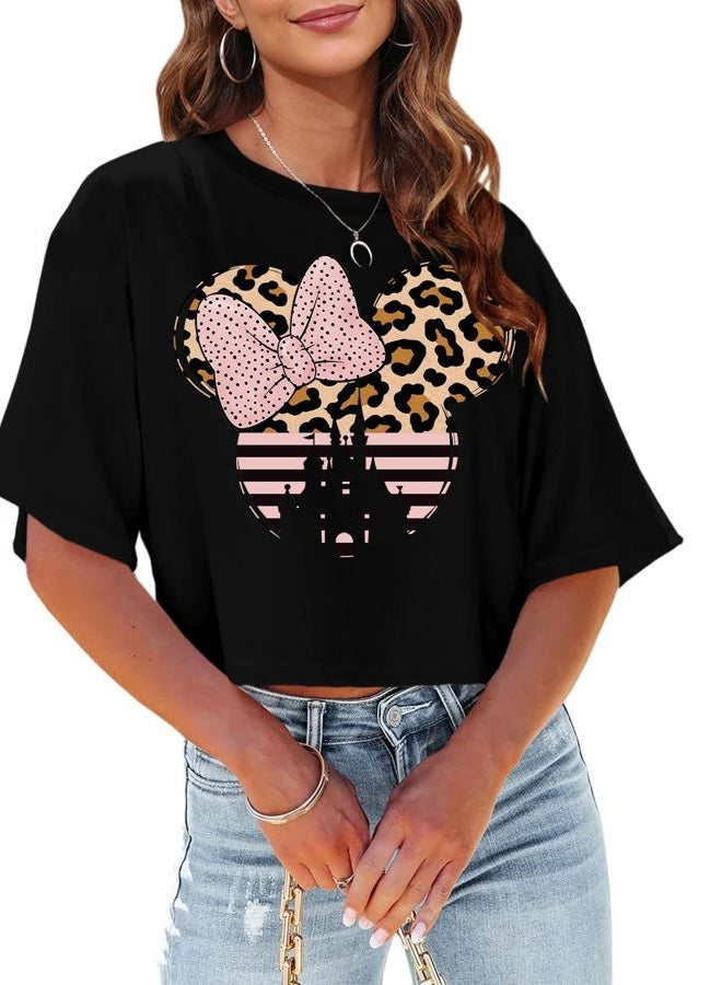 Frizty Women's Casual Crop Tops - Short Sleeve Crew Neck Graphic Printed T-Shirts, Black01, M - Image 1