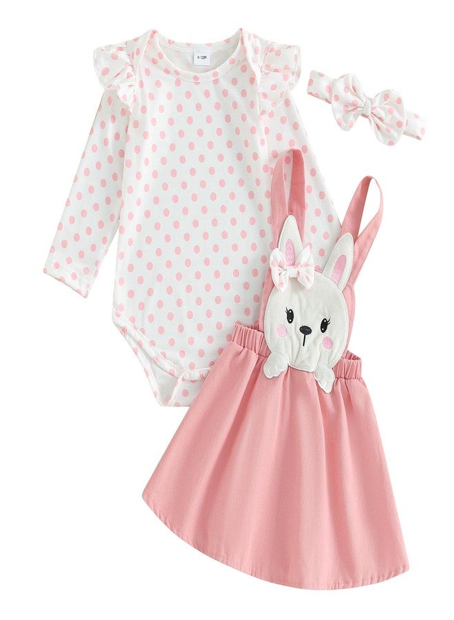 Thilsidee Newborn Baby Girl Easter Outfits Long Sleeve Dot Print Ruffle Romper Rabbit Suspender Skirt Overall Dress Set 0-18M (A-Pink, 9-12 Months) - Image 1
