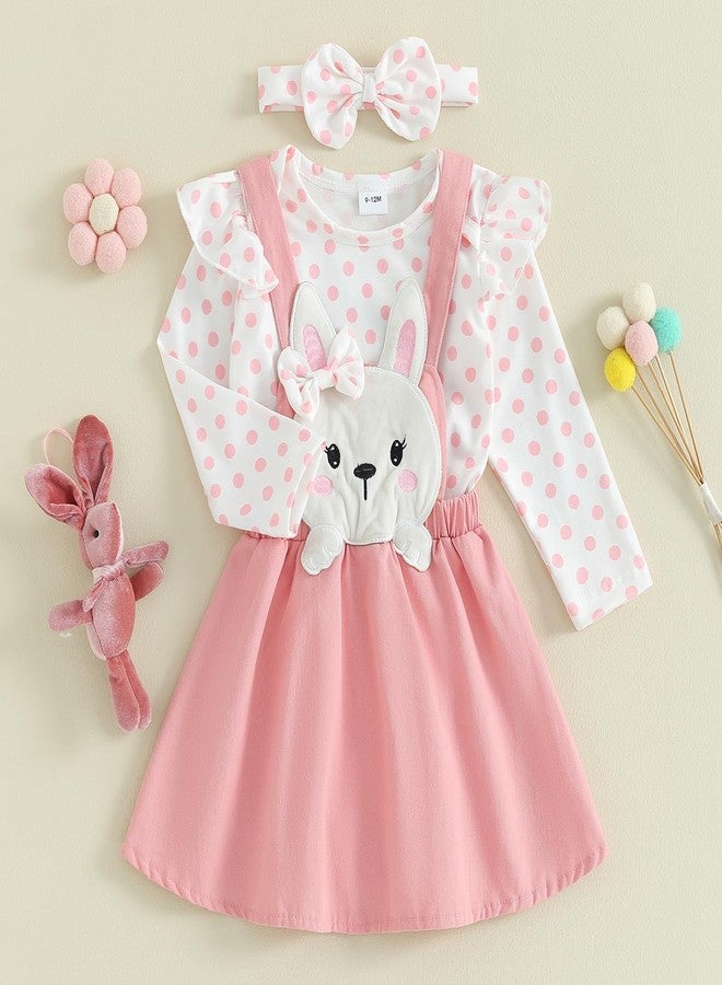 Thilsidee Newborn Baby Girl Easter Outfits Long Sleeve Dot Print Ruffle Romper Rabbit Suspender Skirt Overall Dress Set 0-18M (A-Pink, 9-12 Months) - Image 2