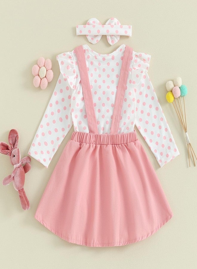 Thilsidee Newborn Baby Girl Easter Outfits Long Sleeve Dot Print Ruffle Romper Rabbit Suspender Skirt Overall Dress Set 0-18M (A-Pink, 9-12 Months) - Image 3